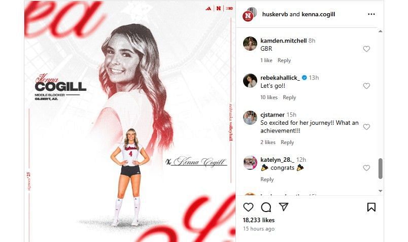 Nebraska Volleyball's post featuring Rebekah Allick's comment - Source: via @huskervb on Instagram